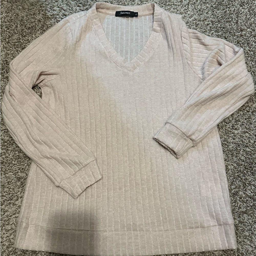 Automet Women’s Size Large oatmeal Ribbed V-Neck Sweater